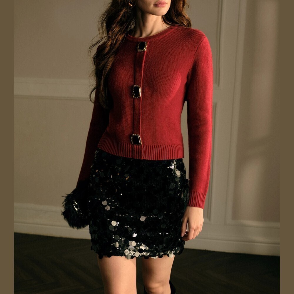 Burgundy Knit Jeweled Button Round Neck Slim Fit Cardigan